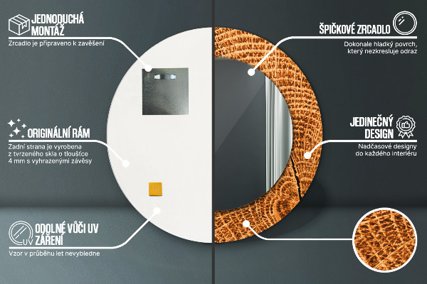 Kerek tükör keret nyomtatással tölgyfa