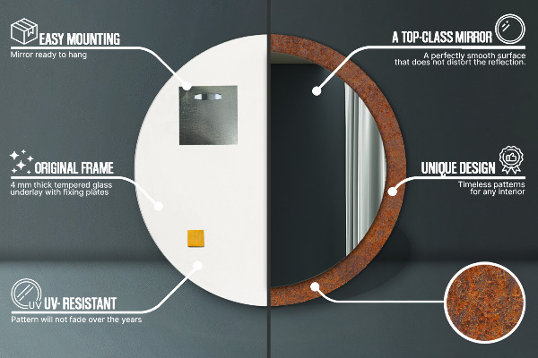 Kerek tükör keret nyomtatással Rozsdás fém