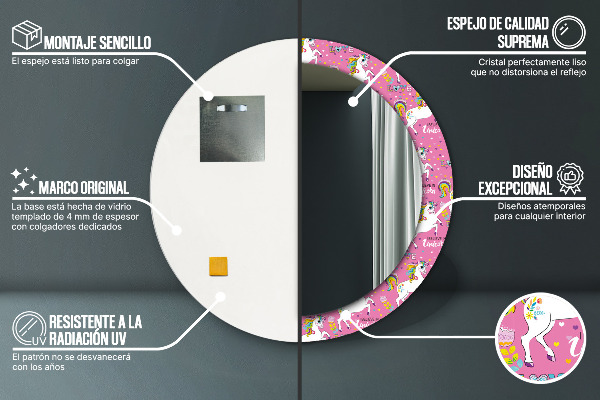 Kerek tükör keret nyomtatással Mágikus unikornis