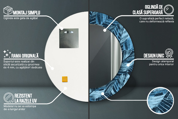 Kerek tükör nyomtatott kerettel Dzsungel levelei