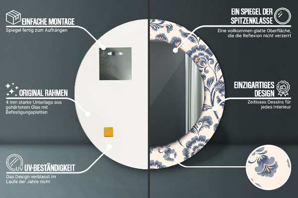 Kerek tükör keret nyomtatással Virág minta