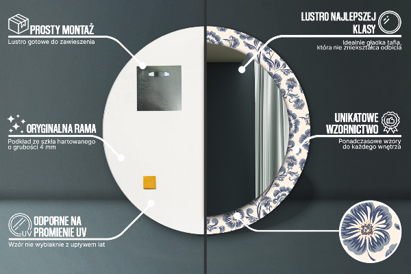 Kerek tükör keret nyomtatással Virág minta