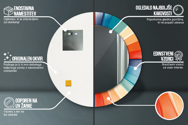 Kerek tükör díszítéssel Radiális koncentrikus csíkok