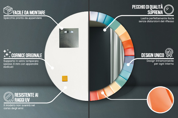 Kerek tükör díszítéssel Radiális koncentrikus csíkok