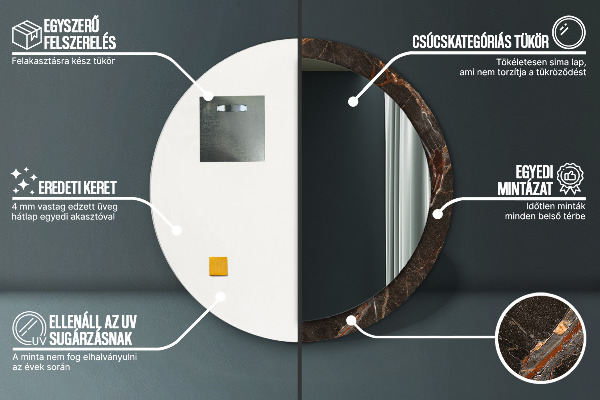 Kerek tükör nyomtatott kerettel Barna márvány