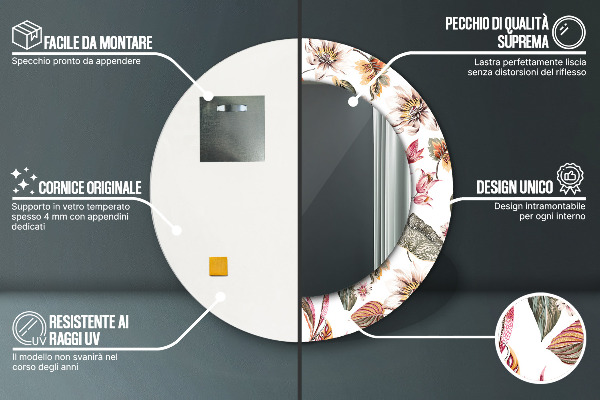 Kerek tükör keret nyomtatással Vintage virágok