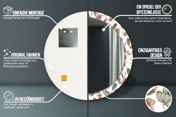 Kerek tükör keret nyomtatással Vintage virágok