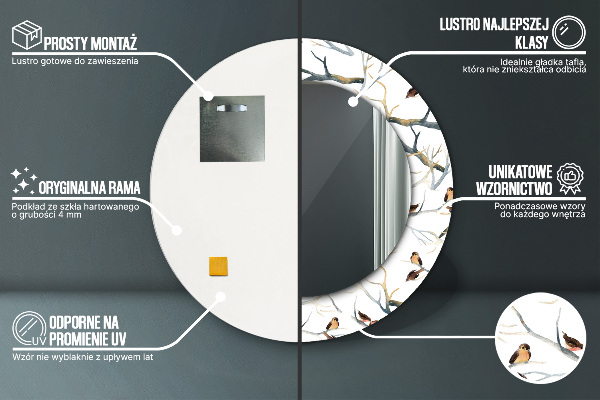 Kerek tükör nyomtatott kerettel Veréb madarak ágai