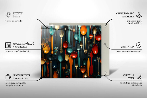 Tűzhelyvédő üveglap Színes kanalak és villák