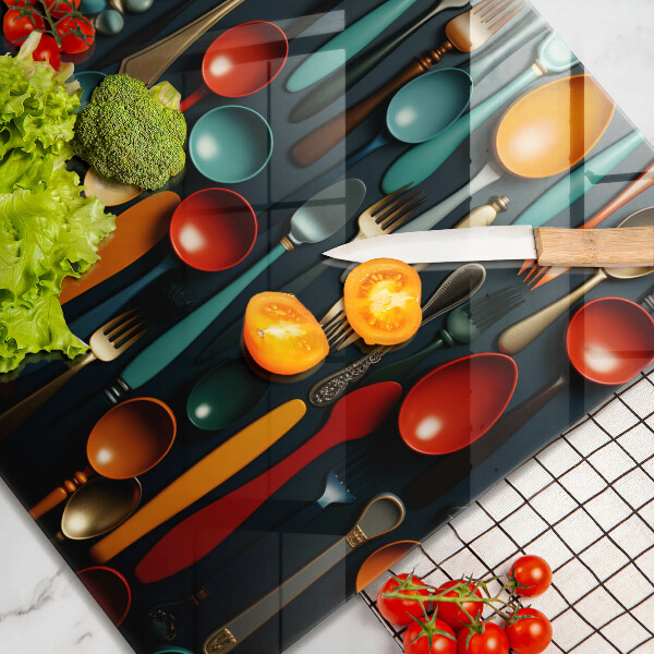 Tűzhelyvédő üveglap Színes kanalak és villák