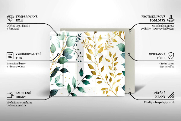 Tűzhelyvédő üveglap Zöld és arany levelek