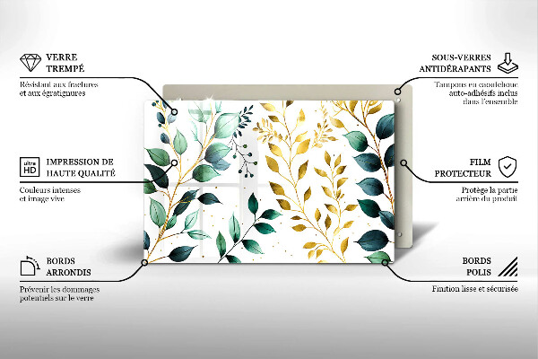 Tűzhelyvédő üveglap Zöld és arany levelek