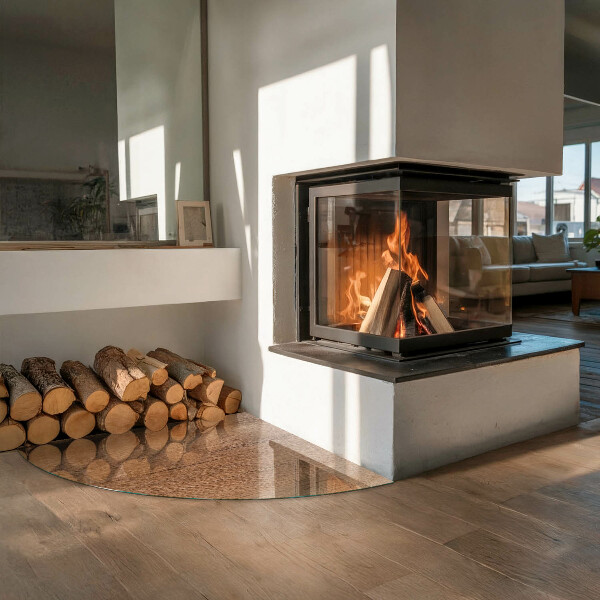 Negyedkör alakú kandalló alátét üveg Természetes fa minta