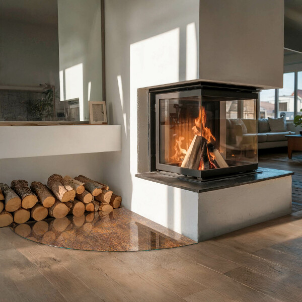 Negyedkör alakú üveg kandalló alátét Rozsda textúra fémen