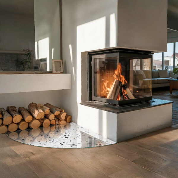 Negyedkör alakú üveg kandalló alátét Kőminta részecskékkel