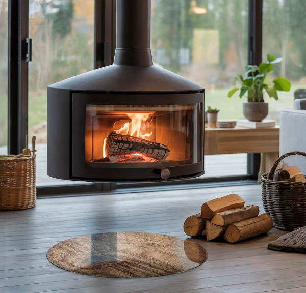 Kerek üveg kandalló alátét Természetes fa minta