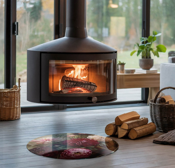 Kerek üveg kandalló alátét Virágcsokor részletesen