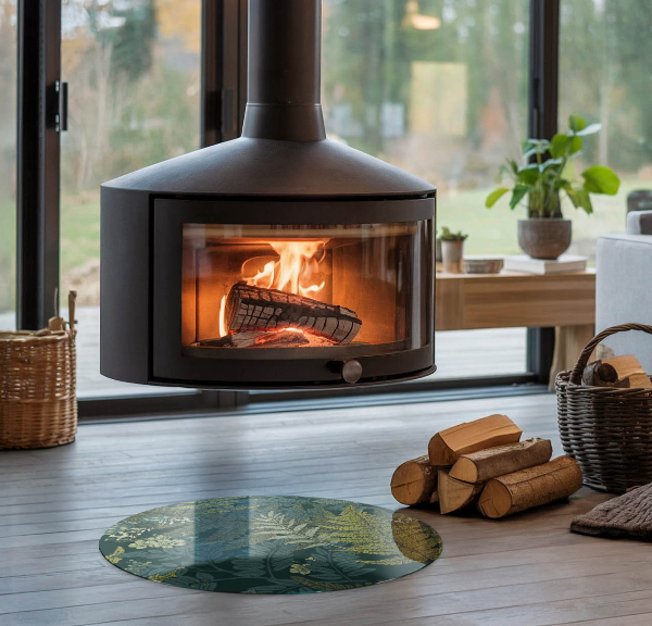 Kerek kandalló alátét üveg Növényi motívumok pillangókkal