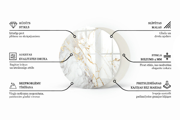 Kerek üveglap nyomattal Márvány erezet stílusban