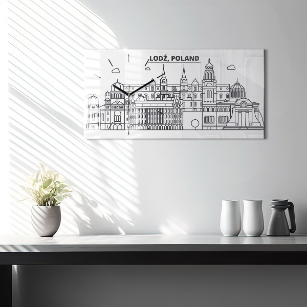 Vízszintes üvegóra Lodz építészeti panorámája
