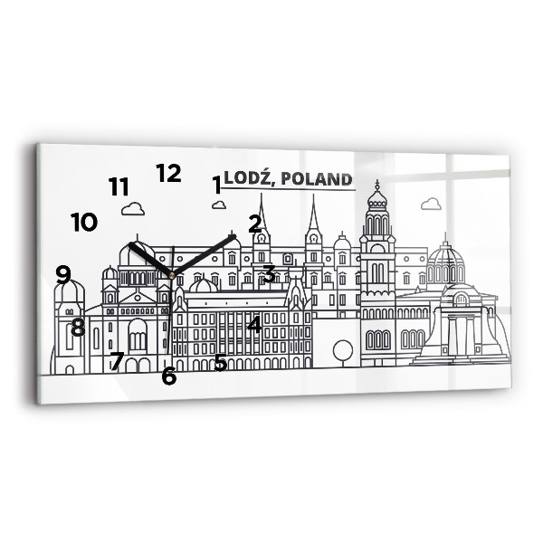 Vízszintes üvegóra Lodz építészeti panorámája
