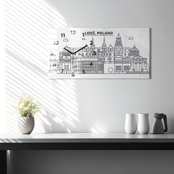 Vízszintes üvegóra Lodz építészeti panorámája