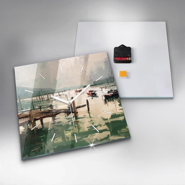 Szögletes fali üvegóra Halászhajók a kikötőben