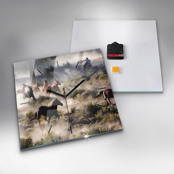 Szögletes fali üvegóra Rohanó lovak csordája