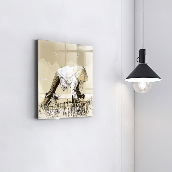 Szögletes fali üvegóra Nő rizst szed