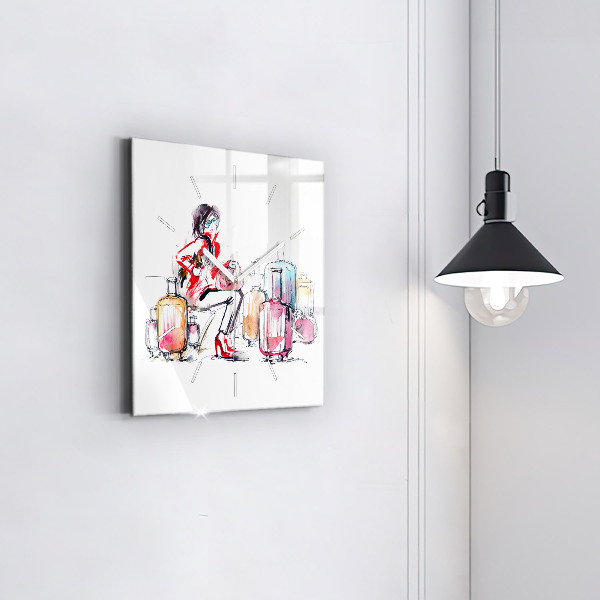 Szögletes fali üvegóra Nő bőröndökkel