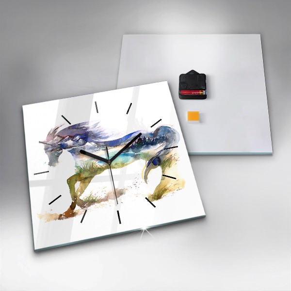 Szögletes fali üvegóra Festett hegyek és ló