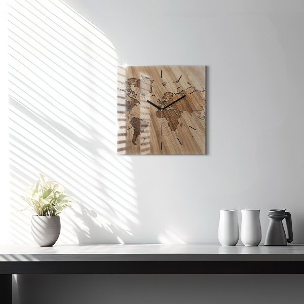 Szögletes fali üvegóra Világtérkép fán