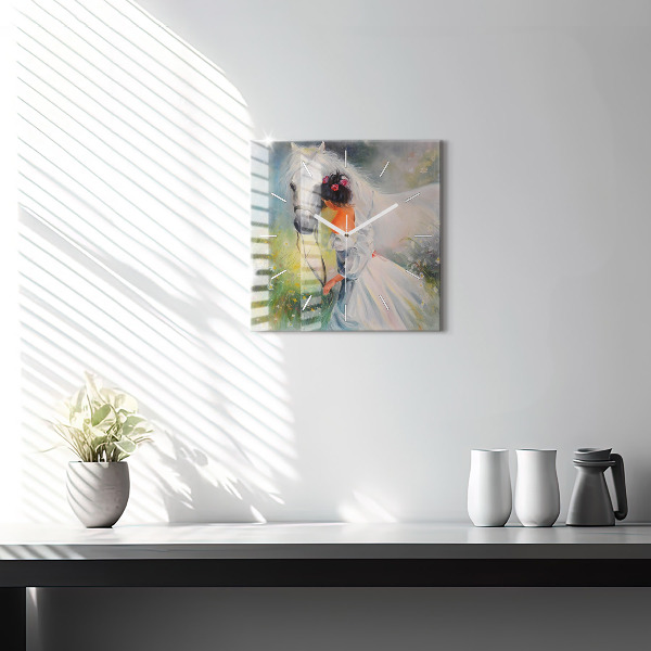 Szögletes fali üvegóra Gyönyörű nő egy lóval