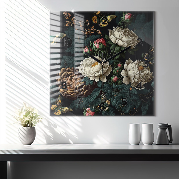 Szögletes fali üvegóra Virág és arany pillangók