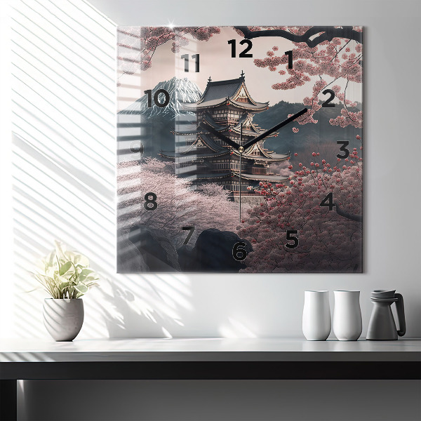 Szögletes fali üvegóra Torony és virágok Ázsiában