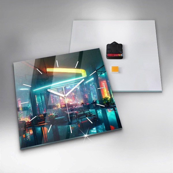 Szögletes fali üvegóra Cyberpunk stílusú város