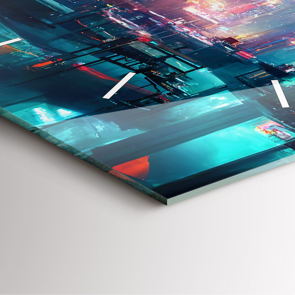Szögletes fali üvegóra Cyberpunk stílusú város